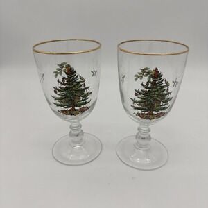 Spode Christmas Tree 16 Ounces Pedestal Goblets with Gold Rims, Set of 2 MINT